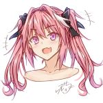  +++ 1boy :d alternate_hairstyle astolfo_(fate) bangs black_bow blush bow collarbone eyebrows_visible_through_hair fang fate/apocrypha fate_(series) hair_bow hair_intakes highres laughing long_hair looking_at_viewer male_focus multicolored_hair open_mouth pink_hair ramchi signature simple_background smile streaked_hair trap twintails two-tone_hair upper_body v-shaped_eyebrows violet_eyes white_background white_hair 