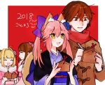  1boy 2018 3girls ahoge alternate_costume animal_ears blonde_hair blue_bow blush bow brown_eyes brown_hair closed_eyes dual_persona ema ensm facing_another fate/extra fate_(series) flower fox_ears hair_bow hair_flower hair_ornament hair_up japanese_clothes kimono kishinami_hakuno_(female) kishinami_hakuno_(male) long_sleeves looking_at_another multiple_girls nero_claudius_(fate) nero_claudius_(fate)_(all) open_mouth smile tamamo_(fate)_(all) tamamo_no_mae_(fate) wide_sleeves writing yellow_eyes 