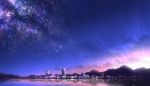  city_lights clouds highres mountainous_horizon night night_sky no_humans original outdoors paullzz reflection scenery sky skyline star_(sky) starry_sky twilight water 