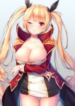  1girl azur_lane blonde_hair breasts cleavage collarbone commentary_request dress epaulettes eyebrows_visible_through_hair frown hair_ribbon large_breasts long_hair nelson_(azur_lane) one_eye_closed orange_eyes pensuke red_eyes ribbon short_dress twintails very_long_hair 