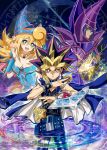  1girl bare_shoulders blonde_hair blue_eyes breasts cleavage commentary_request dark_magician dark_magician_girl detached_sleeves duel_monster hat kaze-hime long_hair multiple_boys smile yami_yuugi yu-gi-oh! yuu-gi-ou_duel_monsters 