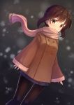  1girl :o black_legwear blue_skirt blush brown_coat brown_eyes brown_hair coat commentary_request dutch_angle fringe fubuki_(kantai_collection) fur-trimmed_sleeves fur_trim highres kantai_collection long_sleeves looking_at_viewer minarai_shachou pantyhose parted_lips pink_scarf pleated_skirt scarf sidelocks skirt sleeves_past_wrists solo wide_sleeves winter_clothes winter_coat 