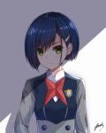  1girl bangs bee_doushi blush closed_mouth darling_in_the_franxx double-breasted expressionless eyelashes green_eyes hair_ornament hairclip head_tilt highres hug ichigo_(darling_in_the_franxx) light long_sleeves looking_at_viewer school_uniform shiny shiny_hair short_hair signature solo upper_body 