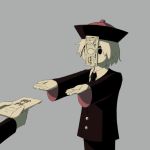  1boy avogado6 commentary_request formal grey_background hat jiangshi male_focus money necktie ofuda original outstretched_arms simple_background standing suit translation_request zombie_pose 