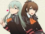  2girls blue_eyes blue_hair blue_shirt brown_hair cravat headgear heart holding kantai_collection kumano_(kantai_collection) long_hair looking_at_viewer man_naka multiple_girls one_eye_closed ponytail shirt suzuya_(kantai_collection) uniform upper_body v writing 