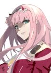  1girl bangs closed_mouth commentary_request darling_in_the_franxx eyeshadow green_eyes hairband highres horns jacket long_hair looking_at_viewer makeup nanaya_(daaijianglin) pink_hair red_jacket signature simple_background sketch solo upper_body white_background zero_two_(darling_in_the_franxx) 