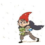 1boy 1girl animal beatrice_(over_the_garden_wall) bird black_eyes cape carrying frog haku_le hat looking_away over_the_garden_wall pants short_hair simple_background snow snowing walking white_background wirt_(over_the_garden_wall) 
