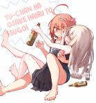  2girls alcohol barefoot beer beize_(garbage) black_swimsuit blonde_hair blue_swimsuit bottle casual_one-piece_swimsuit closed_eyes drunk hair_ornament i-58_(kantai_collection) kantai_collection long_hair multiple_girls one-piece_swimsuit one_eye_closed open_mouth pink_hair red_eyes romaji school_swimsuit short_hair simple_background sweat swimsuit swimsuit_skirt u-511_(kantai_collection) white_background 