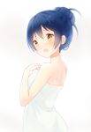  1girl alternate_hairstyle bangs blue_hair blush commentary covering eyebrows_visible_through_hair hair_between_eyes hair_bun hitsukuya long_hair love_live! love_live!_school_idol_project naked_towel open_mouth solo sonoda_umi towel upper_body yellow_eyes 