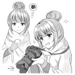  1girl 3: :d absurdres blush camera cellphone closed_mouth eyebrows_visible_through_hair greyscale hair_between_eyes hair_bun highres holding holding_camera holding_phone long_sleeves minakami_tansan monochrome multiple_views open_mouth phone shawl shima_rin smartphone smile sparkle squiggle sweatdrop thought_bubble translation_request white_background yurucamp 