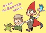  1girl 2boys :d animal beatrice_(over_the_garden_wall) bird black_eyes blush blush_stickers brothers cape copyright_name frog gregory_(over_the_garden_wall) haku_le happy hat long_sleeves looking_at_another multiple_boys open_mouth over_the_garden_wall overalls pants short_hair siblings simple_background smile teapot wirt_(over_the_garden_wall) yellow_background 