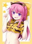  1girl animal_print bow breasts crop_top fang hair_bow hairband horns ichimi kamikaze_(kantai_collection) kantai_collection long_hair pink_hair pointing pointing_up solo tiger_print under_boob upper_body violet_eyes yellow_bow 