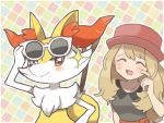  1girl :d ^_^ black_shirt blonde_hair blush braixen closed_eyes closed_mouth commentary_request eyebrows_visible_through_hair hand_up hat open_mouth pokemon red_eyes red_hat sasa_kichi serena_(pokemon) shirt short_sleeves smile solo sparkle sunglasses 