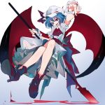  1girl blue_hair commentary_request floating full_body gradient gradient_background hat highres ikurauni mob_cap nail_polish remilia_scarlet sitting solo touhou wings 