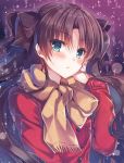 1girl :&lt; bangs black_bow blue_eyes blush bow brown_hair closed_mouth coat commentary_request eyebrows_visible_through_hair fate/stay_night fate_(series) hair_bow hand_up highres light_particles long_sleeves looking_at_viewer parted_bangs red_coat scarf solo suzune_rena tohsaka_rin two_side_up upper_body yellow_scarf 