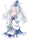  1girl :d alternate_hairstyle bangs blush closed_eyes commentary_request hands_in_sleeves hat long_hair mononobe_no_futo neck_ribbon open_mouth ribbon ribbon-trimmed_sleeves ribbon_trim signature silver_hair smile solo tate_eboshi touhou translation_request twintails upper_body white_background wide_sleeves yukimiya_(parupunta) 