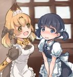  2girls alternate_costume alternate_hairstyle animal_ears apron blush bow bowtie commentary_request enmaided hair_bow hands_together highres kaban_(kemono_friends) kemono_friends maid multicolored_hair multiple_girls open_mouth puffy_sleeves serval_(kemono_friends) serval_ears serval_print short_twintails twintails user_vamg2474 