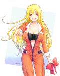  1girl :d artist_name bandeau blonde_hair bow breasts collarbone highres holding_bow jumpsuit large_breasts long_hair looking_at_viewer mamehara miru_eru navel open_mouth orange_jumpsuit plastic_memories red_bow red_eyes smile solo unzipped v very_long_hair 
