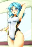  1girl arm_behind_back black_swimsuit blue_eyes blue_hair blush breasts competition_swimsuit d-m_(dii_emu) highres hoop indoors kumoi_ichirin looking_at_viewer medium_breasts one-piece_swimsuit open_mouth short_hair smile solo swimsuit touhou two-tone_swimsuit white_swimsuit 
