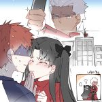  1girl 2boys anger_vein angry archer black_hair blocking_kiss blush bow_(weapon) building casual closed_eyes comic commentary_request cross dark_skin emiya_shirou eyebrows_visible_through_hair fate/stay_night fate_(series) grey_eyes hair_ribbon holding holding_bow_(weapon) holding_weapon incoming_kiss jacket long_hair multiple_boys red_clothes red_jacket redhead ribbon scared signature tohsaka_rin twintails weapon white_hair zelovel 