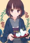  1girl amamiya_chiharu bangs blue_kimono blush brown_hair closed_mouth commentary_request eyebrows_visible_through_hair fingernails grey_kimono holding holding_tray japanese_clothes kimono leaf long_sleeves looking_at_viewer obi original sash short_hair smile snow_bunny solo tray violet_eyes wide_sleeves yellow_background 