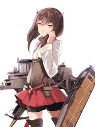  1girl arm_at_side bike_shorts black_shorts brown_eyes brown_hair cowboy_shot hand_in_hair holding holding_weapon kantai_collection long_hair looking_at_viewer machinery man_naka pleated_skirt red_skirt shorts skirt taihou_(kantai_collection) weapon 