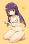  1girl bangs bare_arms bare_shoulders barefoot bikini blunt_bangs blush closed_mouth collarbone commentary_request eyebrows_visible_through_hair gokou_ruri heart highres hime_cut kneeling leaning_to_the_side looking_at_viewer mole mole_under_eye navel ore_no_imouto_ga_konna_ni_kawaii_wake_ga_nai polka_dot purple_hair ruiten solo swimsuit toenails violet_eyes white_bikini yellow_background 