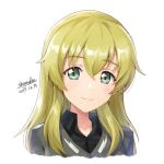  1girl anzio_military_uniform artist_name bangs black_shirt blonde_hair carpaccio closed_mouth dated dress_shirt girls_und_panzer green_eyes grey_jacket jacket long_hair looking_at_viewer military military_uniform portrait shamakho shirt signature simple_background smile solo uniform white_background wing_collar 