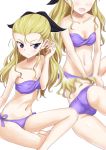  1girl ass assam bikini black_ribbon blonde_hair blue_eyes blurry breasts closed_mouth commentary_request crotch_seam gin&#039;you_haru girls_und_panzer hair_pulled_back hair_ribbon head_out_of_frame highres long_hair looking_at_viewer medium_breasts multiple_views navel open_mouth purple_bikini ribbon side-tie_bikini sitting smile solo swimsuit 