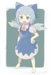  1girl bare_shoulders blue_background blue_bow blue_dress blue_eyes blue_hair blush bow cirno collared_shirt commentary_request dress full_body hair_bow hand_on_hip highres ice neck_ribbon open_mouth puffy_short_sleeves puffy_sleeves red_neckwear red_ribbon ribbon sasa_kichi shirt short_sleeves simple_background solo touhou white_shirt wing_collar wings 