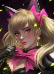  1girl alternate_costume animal_ears black_cat_d.va black_dress black_gloves blonde_hair bow bowtie breasts brown_eyes cat_ears cleavage clenched_hand commentary confetti d.va_(overwatch) dress earrings eyeliner eyeshadow frilled_dress frills glint gloves gradient gradient_background hair_bow heart heart_earrings highres jewelry lips lipstick lolita_fashion looking_at_viewer makeup medium_breasts medium_hair nose overwatch parted_lips pink_bow pink_lips pink_lipstick portrait puffy_short_sleeves puffy_sleeves purple_background short_sleeves soffa solo twintails 