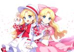  2girls ashita_no_nadja blonde_hair blue_eyes blush bow commentary_request dress elbow_gloves gloves hat locked_arms long_hair looking_at_viewer multiple_girls nadja_applefield nardack open_mouth porkpie_hat rosemary_applefield siblings sisters smile white_gloves 
