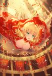  1girl :d atdan blush breasts cleavage colosseum dress epaulettes fate/extra fate_(series) greaves green_eyes high_heels highres looking_at_viewer nero_claudius_(fate) nero_claudius_(fate)_(all) open_mouth petals smile solo 