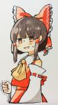  1girl :d ascot bangs bare_shoulders blush bow brown_eyes brown_hair clenched_hand detached_sleeves eyebrows_visible_through_hair from_side hair_bow hair_tubes hakurei_reimu highres marker_(medium) nervous_smile open_mouth red_bow red_skirt red_vest sasa_kichi short_hair sidelocks skirt smile solo sweatdrop touhou traditional_media trembling upper_body vest wing_collar yellow_neckwear 