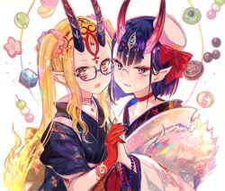  2girls bob_cut facial_mark fate/grand_order fate_(series) fingernails fuji_choko glasses hand_holding highres horns ibaraki_douji_(fate/grand_order) japanese_clothes kimono multiple_girls oni oni_horns pointy_ears purple_hair sharp_fingernails shuten_douji_(fate/grand_order) tattoo yellow_eyes 