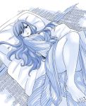  1girl barefoot bath_yukata breasts cleavage erza_scarlet fairy_tail futon japanese_clothes kimono long_hair looking_at_viewer lying mashima_hiro monochrome on_back parted_lips solo tatami yukata 