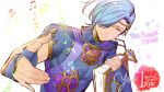  1boy blue_hair book fingerless_gloves fire_emblem fire_emblem_heroes fire_emblem_if gloves headpiece highres jewelry musical_note necklace shigure_(fire_emblem_if) skin_tight yellow_eyes yura 