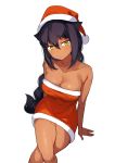 1girl absurdres arm_support arms_at_sides bare_shoulders black_hair braid breasts cleavage dress from_above hair_between_eyes hair_flaps hat highres jahy jahy_sama_wa_kujikenai konbu_wakame large_breasts legs_crossed long_hair parted_lips red_dress santa_costume santa_hat short_dress simple_background sitting solo strapless strapless_dress very_long_hair white_background yellow_eyes 