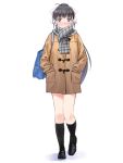  1girl ahoge bag bangs black_hair black_legwear blue_eyes blunt_bangs blush bow duffel_coat earmuffs eyebrows_visible_through_hair full_body grey_scarf hair_bow hands_in_pockets katatsuka_kouji kneehighs loafers long_hair long_sleeves looking_at_viewer original plaid plaid_scarf ponytail scarf school_bag shoes simple_background solo tareme very_long_hair walking white_background white_bow 