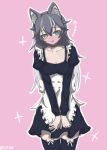  absurdres alternate_costume animal_ears blush bow bow_legwear bowtie choker collar embarrassed enmaided grey_wolf_(kemono_friends) hands_on_lap hdx39f heterochromia highres kemono_friends long_hair maid multicolored_hair thigh-highs translation_request wolf_ears 