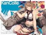  1girl arm_support bent_knees bob_cut breasts brown_hair chains copyright_name cowboy_shot flower gloves green_eyes headgear kantai_collection looking_at_viewer machinery man_naka midriff mutsu_(kantai_collection) navel pleated_skirt pointing short_hair sitting skirt sleeveless white_gloves 