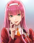  1girl bangs darling_in_the_franxx finger_licking green_eyes hairband head_tilt horns jacket licking long_hair looking_at_viewer military military_uniform pink_hair red_jacket rochika_(ya_y_a_ya) smile solo tongue tongue_out uniform upper_body zero_two_(darling_in_the_franxx) 
