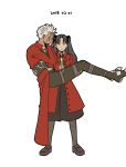  1boy 1girl archer black_bow bow carrying coat commentary_request covering_face dark_skin dark_skinned_male dated expressionless fate/stay_night fate_(series) hair_bow hands_on_own_face long_hair long_sleeves looking_at_viewer pants pantyhose princess_carry red_coat role_reversal samenozi short_hair skirt tohsaka_rin two_side_up white_background white_hair 