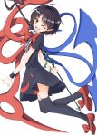  1girl :d ahoge arm_snake asymmetrical_wings bangs black_dress black_hair black_legwear bow bowtie dress eyebrows_visible_through_hair frills full_body highres houjuu_nue legs_up looking_at_viewer mary_janes medium_hair mimottei nue_day one_eye_closed open_mouth pointy_ears polearm red_bow red_eyes red_footwear red_neckwear shoe_bow shoes short_dress short_sleeves simple_background smile snake solo sweatband tagme thigh-highs touhou trident weapon white_background wings wristband 