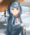  1girl animal_costume black_ribbon blush brown_eyes grey_hair hair_ribbon highres holding holding_umbrella kantai_collection kasumi_(kantai_collection) long_hair long_sleeves neck_ribbon penguin_costume power_lines raincoat reflection ribbon ripples road side_ponytail silver_hair street tama_(seiga46239239) umbrella water 