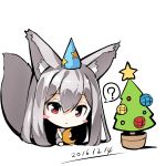  1girl ? animal_ears bangs bare_shoulders blush_stickers chibi christmas_ornaments christmas_tree closed_mouth crescent dated dress eyebrows_visible_through_hair fox_ears fox_girl fox_tail grey_dress hair_between_eyes hat head_tilt long_hair looking_at_viewer original party_hat red_eyes silver_hair simple_background sitting sleeveless sleeveless_dress solo spoken_question_mark star tail very_long_hair white_background yuuji_(yukimimi) 