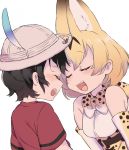  2girls animal_ears bare_shoulders blush bow bowtie bucket_hat closed_eyes fang feathers forehead-to-forehead gloves hat highres kaban_(kemono_friends) kemono_friends multicolored_hair multiple_girls nanasiusagi017 open_mouth serval_(kemono_friends) serval_ears serval_print shirt short_hair t-shirt 