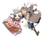  1girl absurdres alfonse_(fire_emblem) anniversary apron bird blonde_hair boots cake feh_(fire_emblem_heroes) fire_emblem fire_emblem_heroes flying_sweatdrops food fruit green_eyes headwear heart highres icing kozaki_yuusuke long_hair open_mouth orb owl sharena signature simple_background strawberry sweatdrop tray tripping 