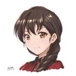  1girl artist_name braid brown_eyes brown_hair closed_mouth dated epaulettes girls_und_panzer hair_over_shoulder jacket long_hair looking_at_viewer military military_uniform portrait red_jacket rukuriri shamakho signature simple_background single_braid smile solo st._gloriana&#039;s_military_uniform uniform white_background 