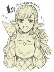  1girl akke animal armor bird blush braid feh_(fire_emblem_heroes) fire_emblem fire_emblem_heroes gloves long_hair looking_at_viewer monochrome open_mouth owl sharena simple_background smile solo white_background 